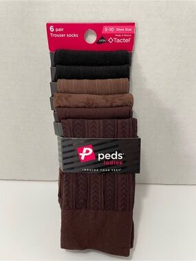 Peds Ladies 6-Pack Trouser Socks - Black & Brown. Shoe sizes 5-10. NIP